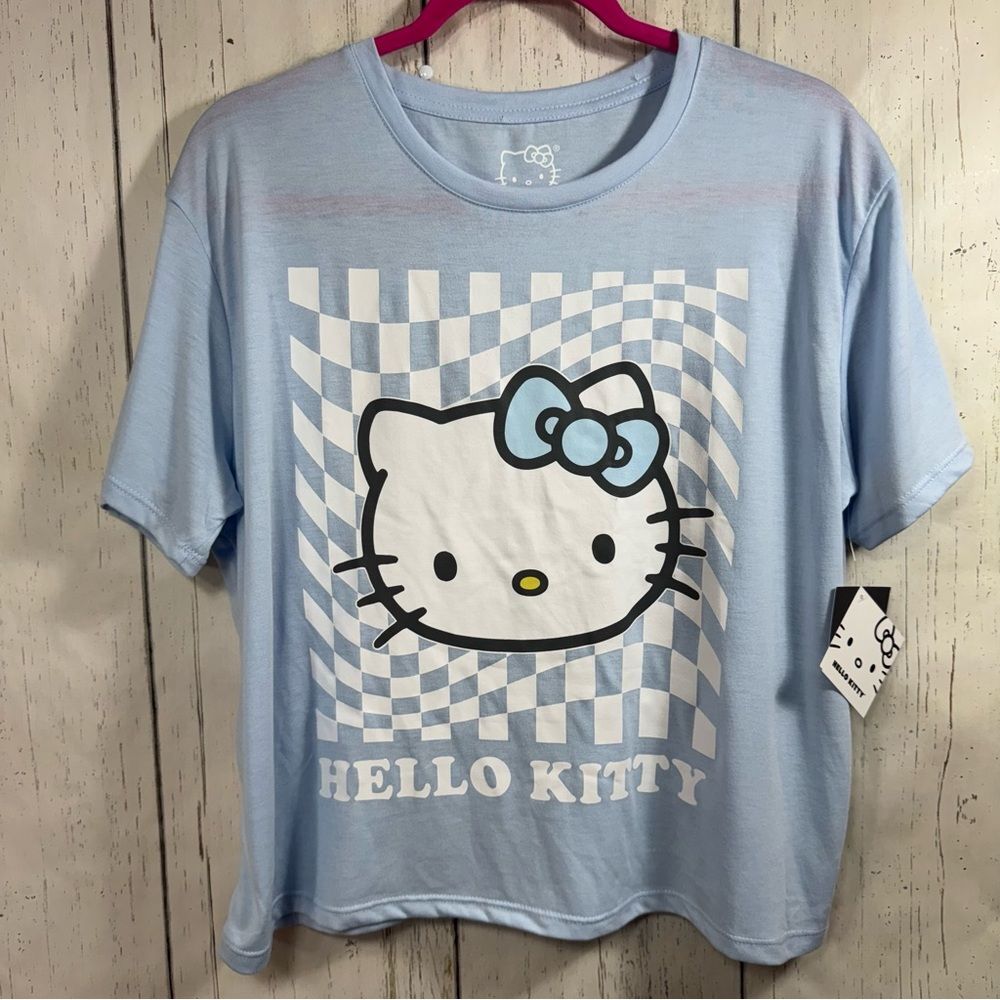 Hello Kitty By Sanrio Womens Blue Pajama Short Sleeve Tee Checkered Sleepwear